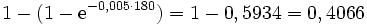 1-(1-\mathrm{e}^{-0,005 \cdot 180}) = 1-0,5934 = 0,4066