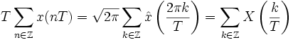 T\sum_{n\in\Z}x(nT)
   =\sqrt{2\pi}\sum_{k\in\Z}\hat x\left(\frac{2\pi k}{T}\right)
   =\sum_{k\in\Z}X\left(\frac kT\right)
 