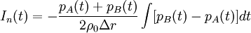 
I_n(t) = - \frac{p_A(t)+p_B(t)}{2 \rho_0 \Delta r} \int [p_B(t) - p_A(t)] dt \,
