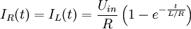 \,\!I_R(t) =I_L(t) = \frac{U_{in}}{R}\left(1 - e^{-\frac{t}{L/R}}\right)