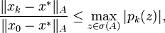 \frac{\|x_k-x^*\|_A}{\|x_0-x^*\|_A} \leq \max_{z \in \sigma(A)}|p_k(z)|,