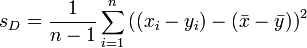 s_D = \frac{1}{n-1}\sum_{i=1}^n \left((x_i-y_i)-(\bar{x}-\bar{y})\right)^2