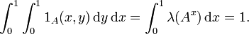 \int_0^1\int_0^1 1_A(x,y)\,\mathrm dy\,\mathrm dx = \int_0^1\lambda({A^x})\,\mathrm dx = 1.