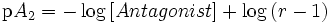 \operatorname{p}A_2 = -\log\,[Antagonist] + \log\,(r - 1)