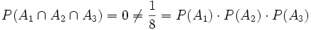 P(A_1 \cap A_2 \cap A_3) = 0 \ne \frac{1}{8} = P(A_1) \cdot P(A_2) \cdot P(A_3)
