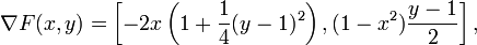 \nabla F(x,y) = \left[-2x\left(1+\frac{1}{4}(y-1)^2\right),(1-x^2)\frac{y-1}{2}\right],