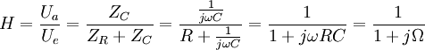 
H=\frac{U_a}{U_e}=\frac{Z_C}{Z_R+Z_C}=\frac{\frac{1}{j\omega C}}{R+\frac{1}{j\omega C}}= \frac{1}{1+j\omega RC}=\frac{1}{1+j\Omega} \,
