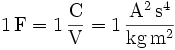 \mathrm{1\, F = 1\,\frac{C}{V} = 1\,\frac{A^2\, s^4}{kg\, m^2}}