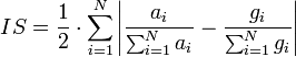 IS = \frac{1}{2}\cdot\sum_{i=1}^N  \left|\frac{a_i}{\sum_{i=1}^N a_i} - \frac{g_i}{\sum_{i=1}^N g_i}\right|