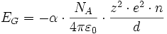 E_{G}=-\alpha\cdot \frac{N_A}{4\pi\varepsilon_0}\cdot \frac{z^2\cdot e^2\cdot n}{d}