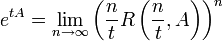 e^{tA}=\lim_{n\rightarrow\infty}\left(\frac ntR\left(\frac nt,A\right)\right)^n