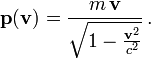 \mathbf{p}(\mathbf{v})= 
\frac{m\,\mathbf v}{\sqrt{1-\frac{\mathbf v^2}{c^2}}}\,.