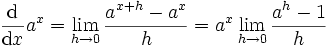 \frac{{\rm d}}{{\rm d}x}a^x=\lim_{h\to 0}\frac{a^{x+h}-a^x}{h}=a^x\lim_{h\to 0}\frac{a^{h}-1}{h}