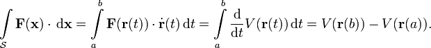 \int\limits_{\mathcal S} \mathbf{F}(\mathbf{x})\cdot\,\mathrm d\mathbf{x} = \int\limits_a^b \mathbf{F}(\mathbf{r}(t))\cdot \dot{\mathbf{r}}(t)\,\mathrm dt = \int\limits_a^b \frac{\mathrm d}{\mathrm dt} V(\mathbf{r}(t)) \,\mathrm dt = V(\mathbf{r}(b)) - V(\mathbf{r}(a)).