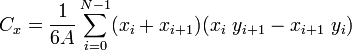 C_x = \frac{1}{6A}\sum_{i=0}^{N-1}(x_i+x_{i+1})(x_i\ y_{i+1} - x_{i+1}\ y_i)