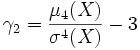  \gamma_2=\frac{\mu_4(X)}{\sigma^4(X)} - 3 