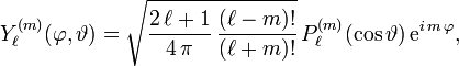 Y_\ell^{(m)}(\varphi,\vartheta) = \sqrt{\frac{2\,\ell + 1}{4\,\pi} \, \frac{(\ell - m)!}{(\ell + m)!}} \, P_\ell^{(m)}(\cos \vartheta) \, \mathrm{e}^{i\,m\,\varphi},
