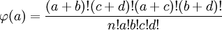 \varphi (a) = \frac{{(a + b)!}{(c +d)!}{(a + c)!}{(b +d)!}}{{n!}{a!b!c!d!}} 