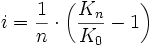 i = \frac{1}{n} \cdot \left( \frac{K_n}{K_0} - 1 \right)