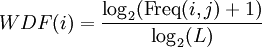 WDF(i) = \frac{\log_2(\mathrm{Freq}(i,j)+1)}{\log_2(L)}