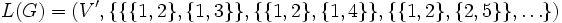 L(G) = (V', \{\{\{1, 2\}, \{1, 3\}\}, \{\{1, 2\}, \{1, 4\}\}, \{\{1, 2\}, \{2, 5\}\}, \dots\})