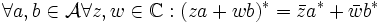 \forall a,b\in\mathcal{A}\forall z,w\in \mathbb{C}:(za+wb)^*=\bar z a^* +\bar w b^*