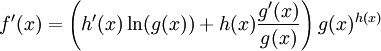 f'(x) = \left(h'(x)\ln(g(x)) + h(x) \frac{g'(x)}{g(x)}\right) g(x)^{h(x)}