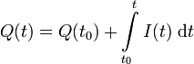 Q(t) = Q(t_0) + \int\limits_{t_0}^{t} I(t)\ \mathrm{d}t