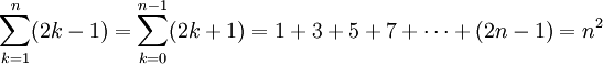 \sum_{k=1}^n(2k-1) = \sum_{k=0}^{n-1}(2k+1) = 1 + 3 + 5 + 7 +\dotsb+ (2n-1) = n^2