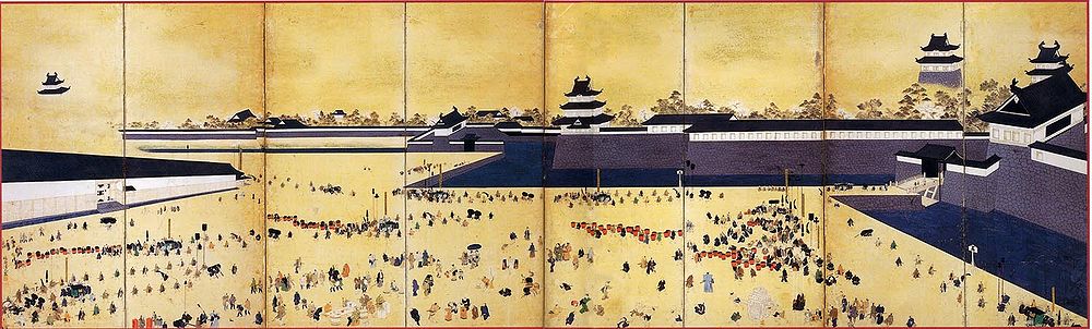Wandschirm von Kyosai Kiyomitsu 1847 mit der Aufwartung der Daimyō und ihres Gefolges aus den Han Okayama (rechtes Paneel 1), Fukuoka (Paneel 4), Kurume (Paneel 5), Tottori (Paneel 6), Satsuma, Izumo (beide Paneel 7) und Sendai (linkes Paneel 8) in der Burg Edo.[1]