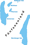 Karte des „Fünfseenlandes“, dessen Großteil im Landkreis Starnberg liegt