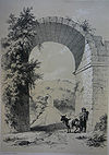 Blick von Westen über die etwa von 559-562 vom römischen Kaiser Justinian errichtete Sangariusbrücke in der Türkei in einer Zeichnung von Léon de Laborde aus dem Jahr 1838. Der Triumphbogen im Vordergrund ist heute verschwunden.