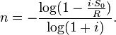 n = -\frac{\log(1-\frac{i \cdot S_0}{R})}{\log(1+i)}.