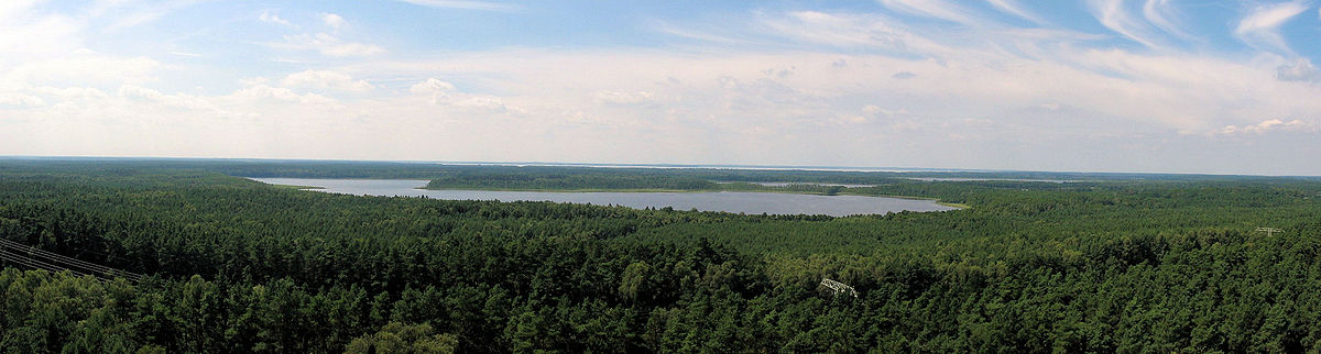 Blick von Turm in westliche Richtung auf den Priesterbäker See, Hofsee, Specker See und die Müritz (von vorne nach hinten)