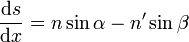 \frac{\mathrm{d}s}{\mathrm{d} x}=n\sin\alpha-n'\sin\beta