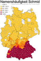 Deutschlandkarte mit Namenshäufigkeit Schmid