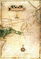 Karte von Blocks Seereise von 1614, die zum ersten Mal Long Island als Insel darstellt
