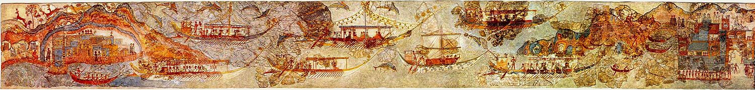 Kykladisches Fresco in minoischer Tradition einer Schiffsprozession aus Akrotiri auf Santorin