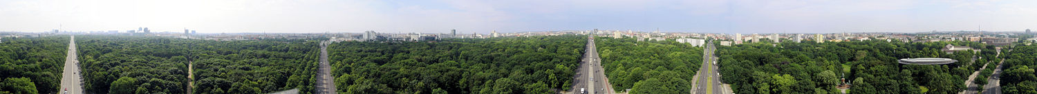 Rundumblick von der Siegessäule auf den Großen Tiergarten, links beginnend in Blickrichtung Osten. Die erste und dritte Straße im Bild ist die Straße des 17. Juni.