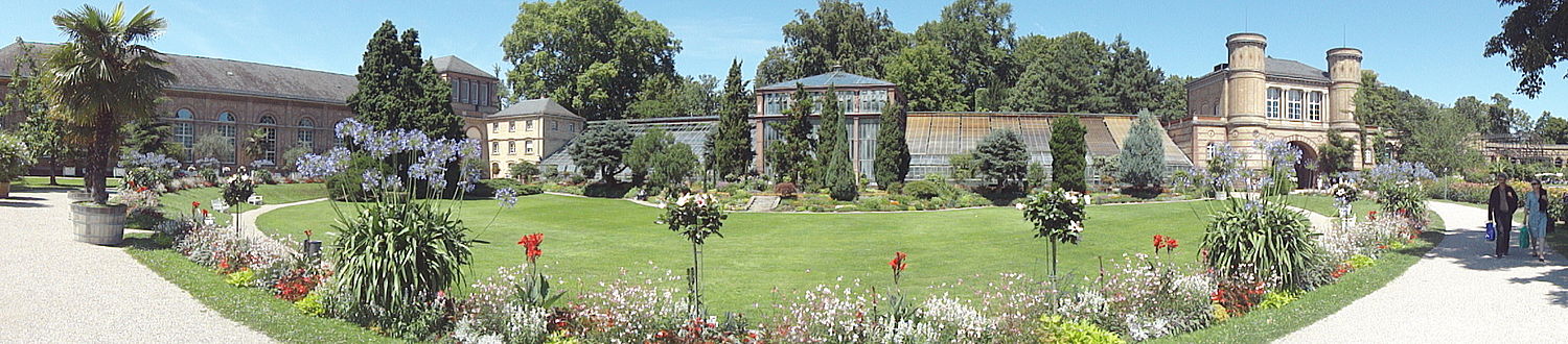 Panorama mit Orangerie und Staatlicher Kunsthalle, Gewächshäusern und Wintergarten sowie dem Torhaus des Botanischen Gartens