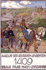 Auszug der deutschen Studenten aus Prag nach Leipzig, Postkarte um 1910