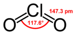 Chlordioxid-Molekül mit Bindungswinkel und Bindungslänge