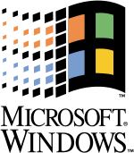 Das alte Windows-Logo als stilisiertes Fenster mit Fensterkreuz und sehr dicken Linien, die Butzenscheiben in Rot, Grün, Blau und Gelb flächig gestaltet, der linke Rand sich mosaikartig auflösend und die ganze Grafik in wehend-geschwungenen Querlinien gestaltet; darunter übereinander die Schriftzüge "Microsoft (R)" und "Windows (TM)" in serifenbetonter Schrift (Kapitälchen-Stil)