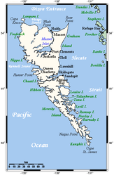 Karte der Queen Charlotte Islands, Graham Island ist die nördliche Hauptinsel