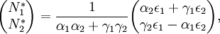 \begin{pmatrix}N_1^*\\ N_2^*\end{pmatrix} =\frac1{\alpha_1\alpha_2+\gamma_1\gamma_2}
\begin{pmatrix} \alpha_2\epsilon_1+\gamma_1\epsilon_2\\ \gamma_2\epsilon_1-\alpha_1\epsilon_2\end{pmatrix},