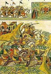 Schlacht auf dem Peipussee, letzte Phase: Flucht des Ordensheeres und symbolische Darstellung der Folgen (russische Chronik aus dem 16. Jh.)