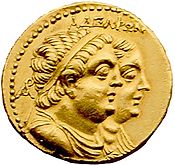 Münze mit dem Abbild von Ptolemaios II. und seiner Frau Arsinoe II.