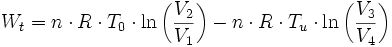 W_t = n\cdot R\cdot T_0 \cdot \ln \left(\frac{V_2}{V_1}\right) - n\cdot R\cdot T_u \cdot \ln \left( \frac{V_3}{V_4} \right) \ 