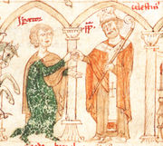 Coelestin III. (rechts) und Heinrich VI. in einer Abbildung aus dem Liber ad honorem Augusti des Petrus de Ebulo, 1196