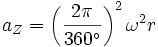 
a_Z=\left(\frac{2\pi}{360^\circ}\right)^2\omega^2 r \,
